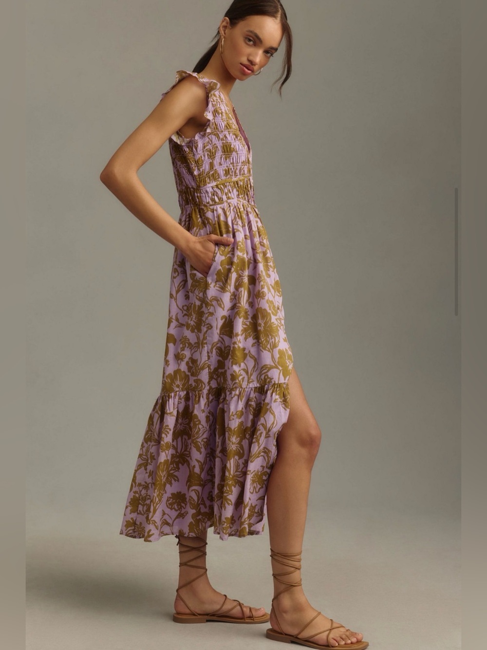 Anthropologie Peregrine Midi Dress Smocked Bodice V-Neck Button Front Pockets L - Picture 4 of 16